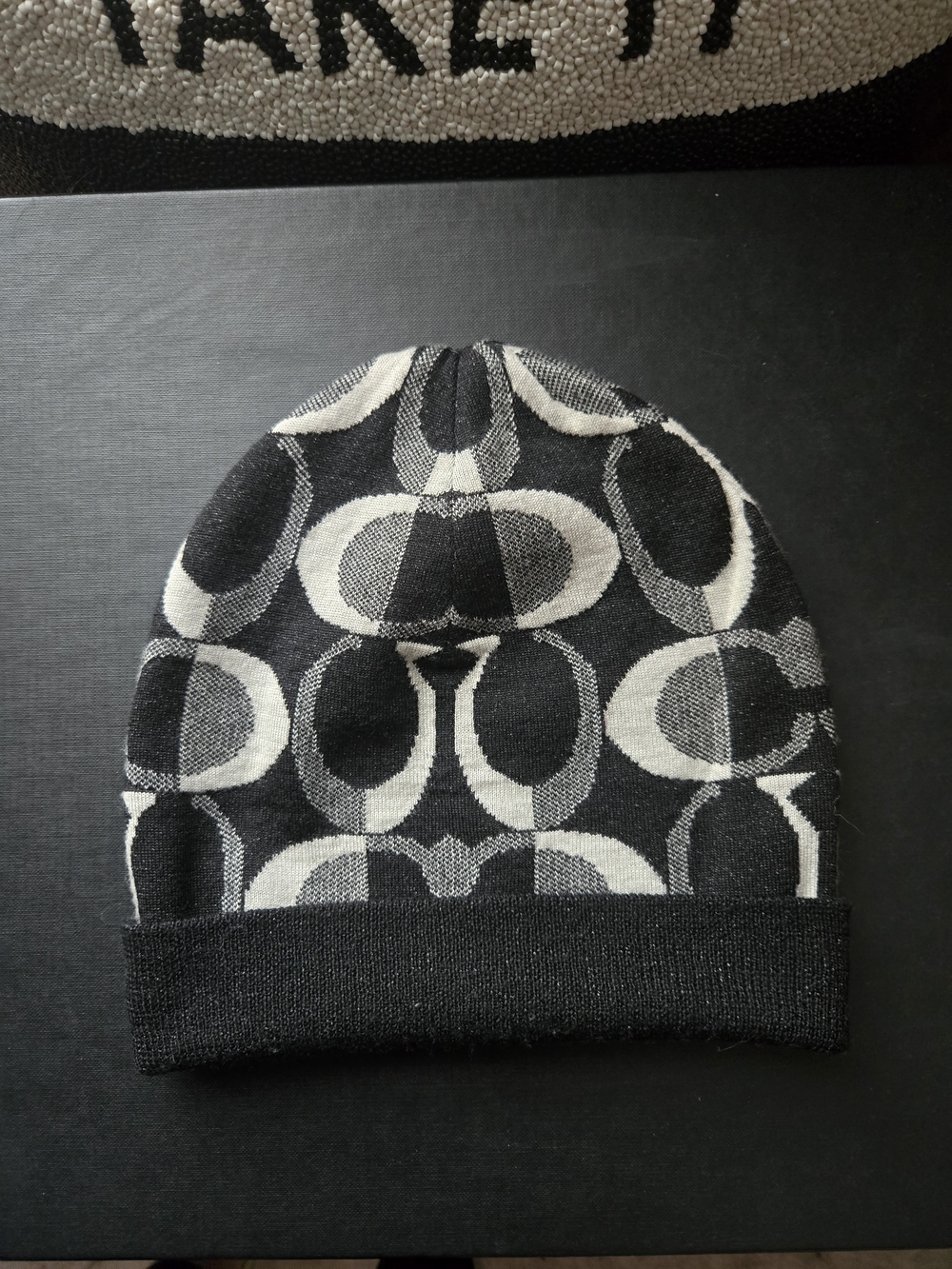 Coach Monogram C Knit Beanie in Black and Cream With Shimmer